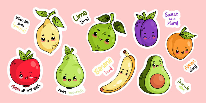 Naklejki Cute fruit stickers. Tropical lemon, lime, avocado with banana, apple, pear, plum and apricot. Funny cartoon kawaii characters and cool slogans. Isolated Vector drawing illustrations