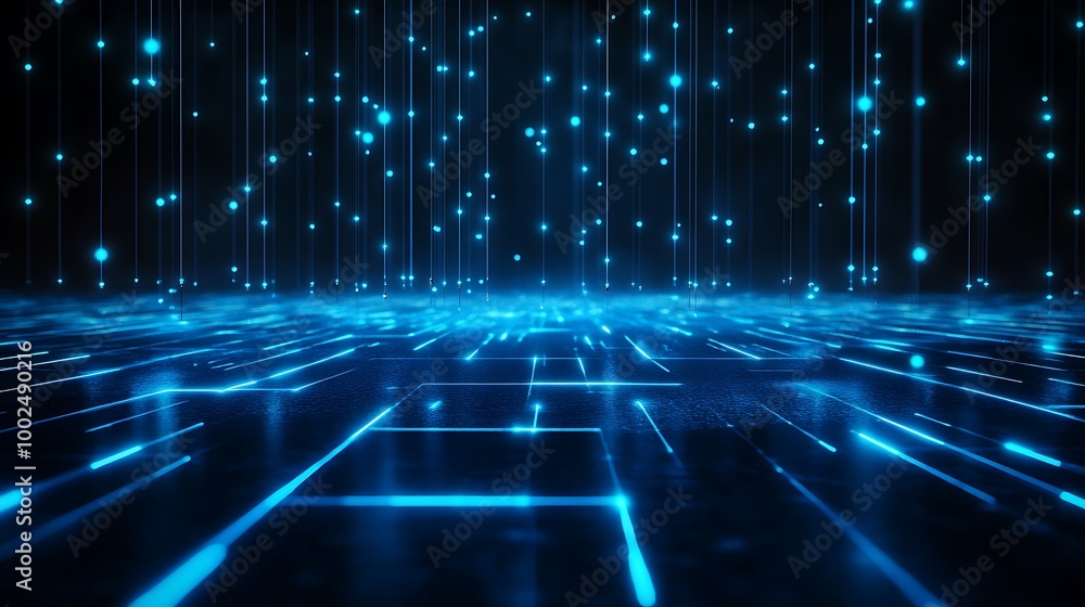 Poster futuristic blue digital background with glowing lines and particles, creating a sense of depth and t