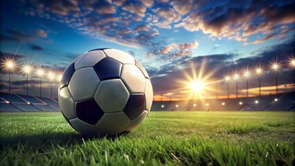 Fototapeta premium A classic soccer ball lies on vibrant green grass, illuminated by a sunny blue sky, evoking timeless memories