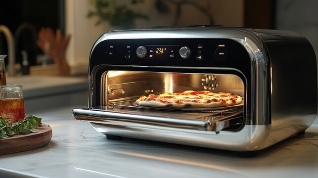 A futuristic-looking toaster oven with curved edges and a metallic finish, cooking pizza inside while the LED display shows the time and temperature.