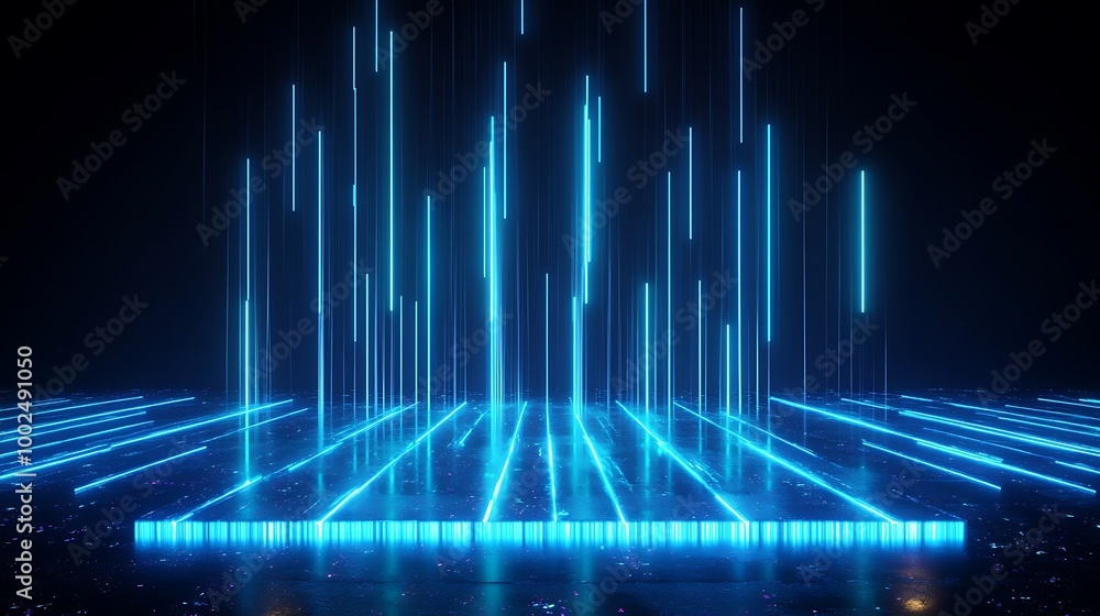 Poster futuristic blue light bars creating a dynamic digital landscape in a dark environment.