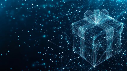 Abstract Futuristic Gift Box With Glowing Polygonal Mesh on Dark Blue Background. 3D Illustration.