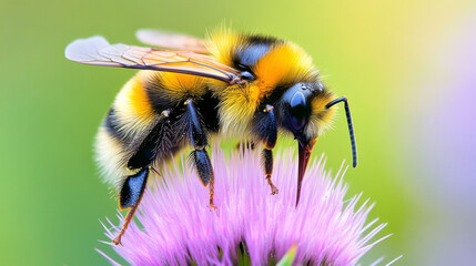 A bumblebee collecting nectar on a vibrant purple flower in a sunny meadow during springtime