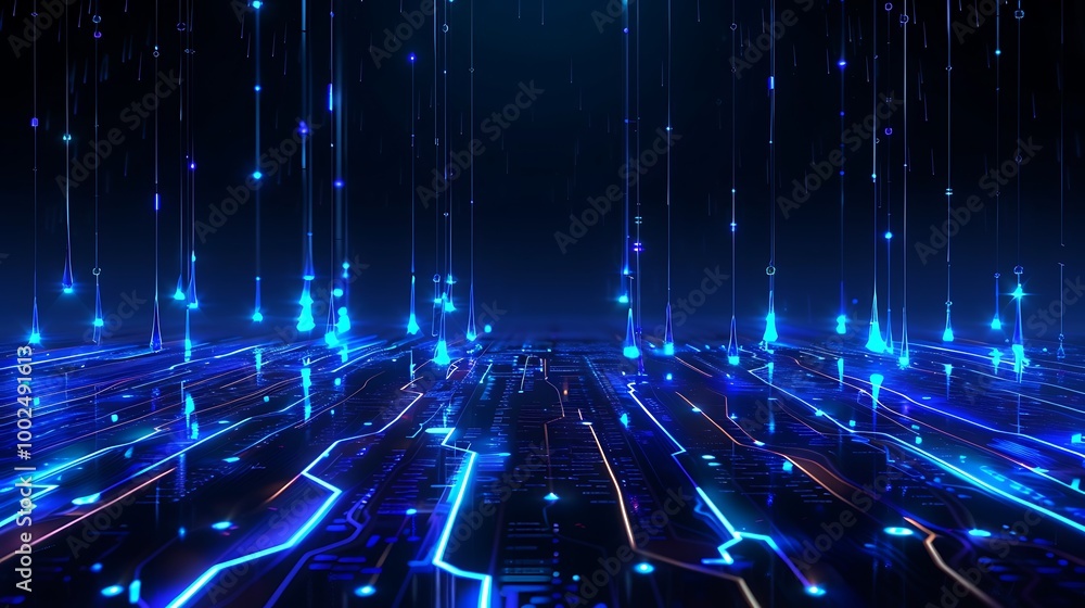 Poster futuristic blue light digital surface with glowing lines and abstract patterns, ideal for tech and s