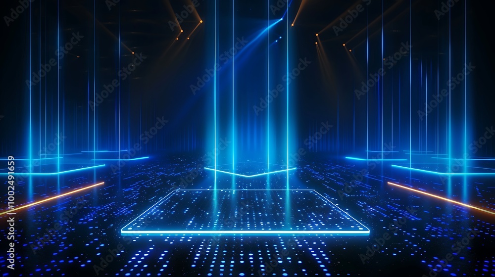 Poster futuristic blue light environment with glowing lines and patterns, perfect for digital themes and ab