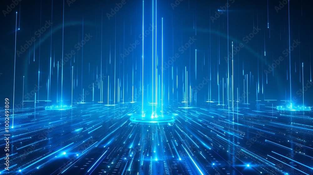 Poster futuristic blue light rays creating a digital landscape with depth and movement.