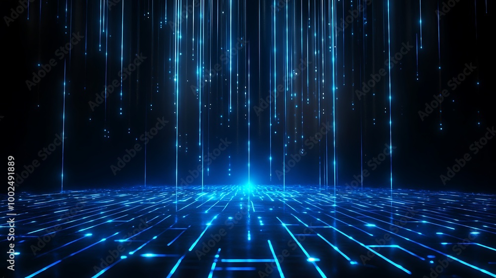 Poster futuristic blue lines and dots creating a digital space with light effects, ideal for tech and data 