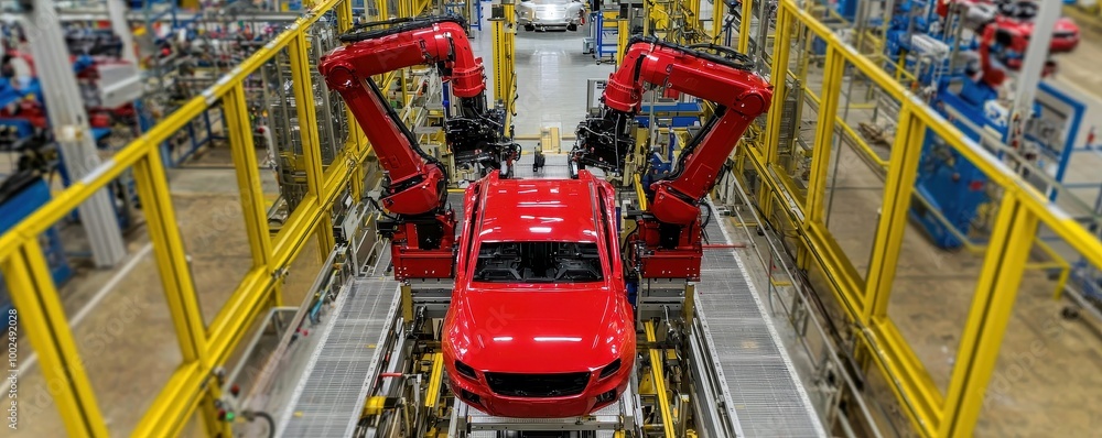 Poster robotic arms assembling vehicles in automation process