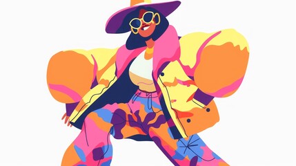 Colorful fashion illustration: bold style with wide-brim hat and sunglasses.