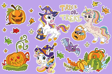 Naklejka premium Set of Halloween unicorns and elements purple vector