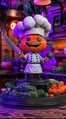 Fototapeta premium Orange Chef Figurine with Knife and Vegetables