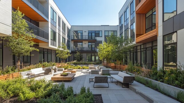 A modern apartment complex designed with sustainability in mind, featuring energy-efficient windows, a communal garden, and stylish outdoor seating areas.