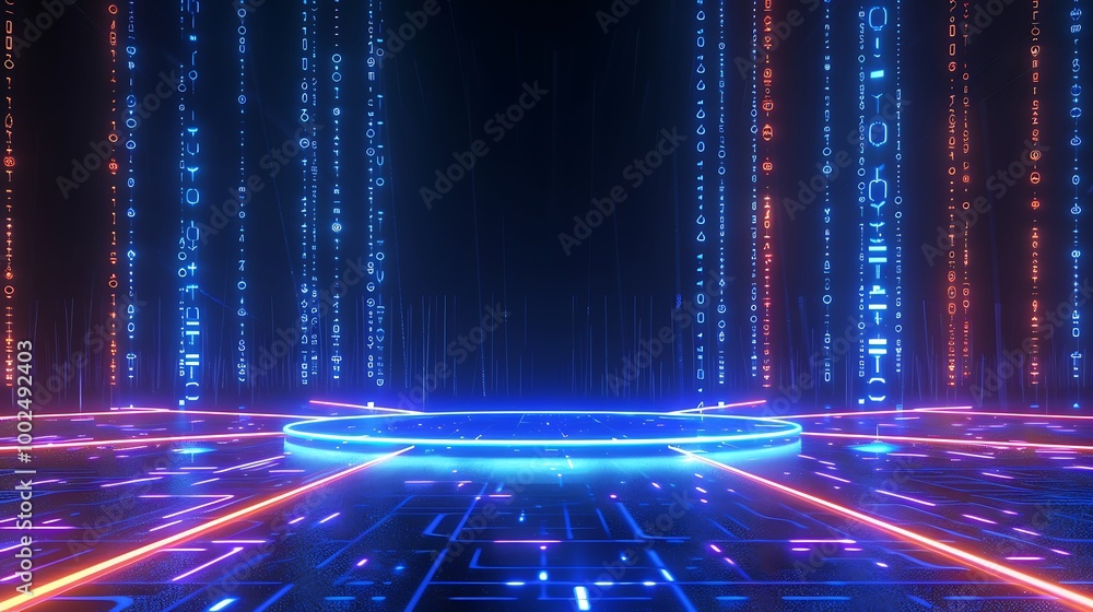 Poster futuristic cybernetic background with glowing lines and digital patterns, ideal for tech-oriented de