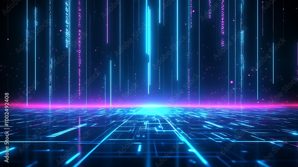 Aufkleber futuristic cyber landscape with glowing lines and neon colors on a digital grid, creating an immersi