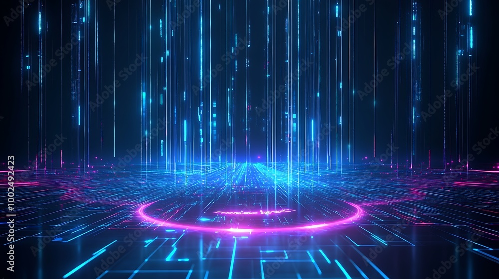 Poster futuristic data stream with glowing lines and circles in neon colors, representing digital innovatio