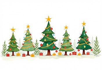 Vibrant watercolor Christmas trees embellished with ornaments amidst cheerful decorations