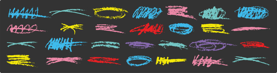 Hand-drawn underlining elements, brush with crayon effect, chalk texture. Hand-drawn rough doodle scratches in crayon or marker.