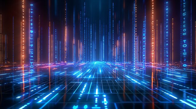 Futuristic data stream with glowing lines and binary code in vibrant colors, creating a dynamic digital landscape.