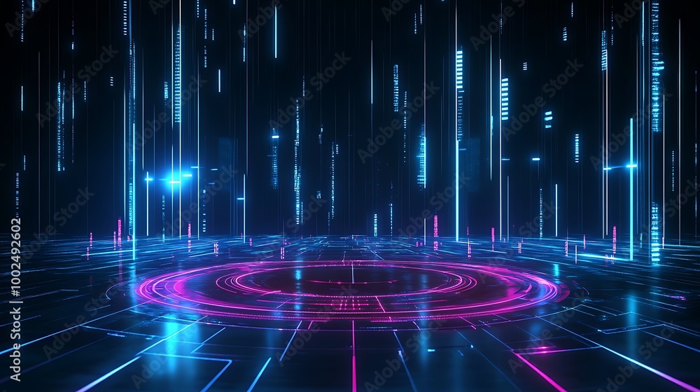 Poster futuristic data visualization with neon light effects, showcasing digital connectivity in a 3d space