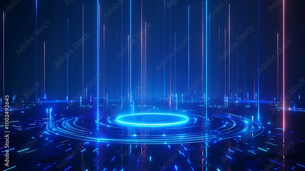 Poster futuristic digital abstract background with glowing blue lines and particles, creating a sense of de