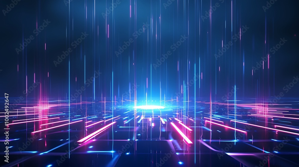 Poster futuristic digital abstract background with glowing lines and colorful lights, creating a sense of m