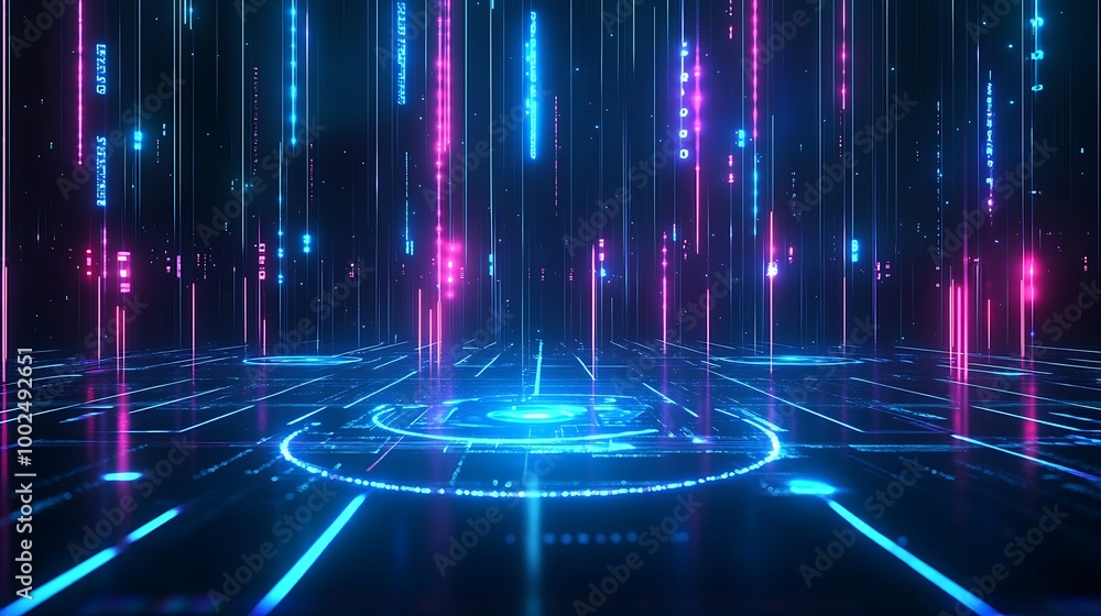 Poster futuristic digital abstract background with glowing lines and particles in vibrant colors.