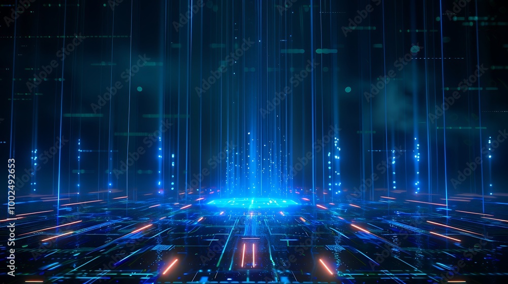 Poster futuristic data visualization with glowing blue lines and patterns on a dark background, representin