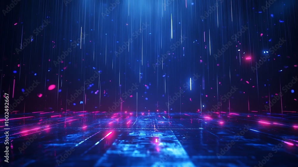 Poster futuristic digital abstract background with glowing lines and particles, creating a vibrant neon atm