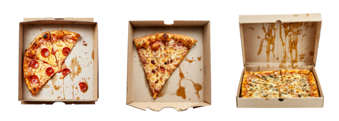Leftover pizza in cardboard box with delicious pizza slices on transparent background.