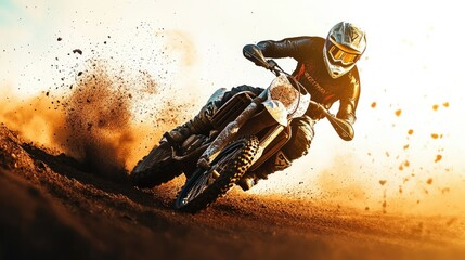 A motocross rider speeding through a dirt track, kicking up dust as they navigate sharp turns and jumps under a bright, clear sky.