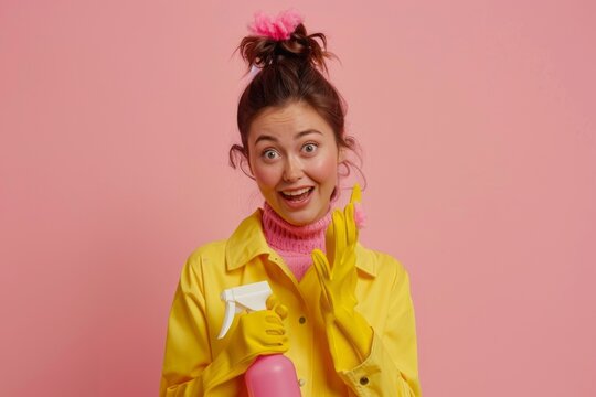 Cheerful young woman in yellow gloves holding cleaning spray on pink background. - Powered by Adobe