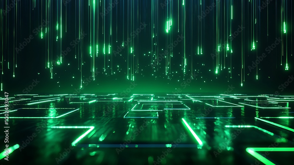 Aufkleber futuristic digital backdrop with glowing green lines and particles, ideal for tech-related visuals.