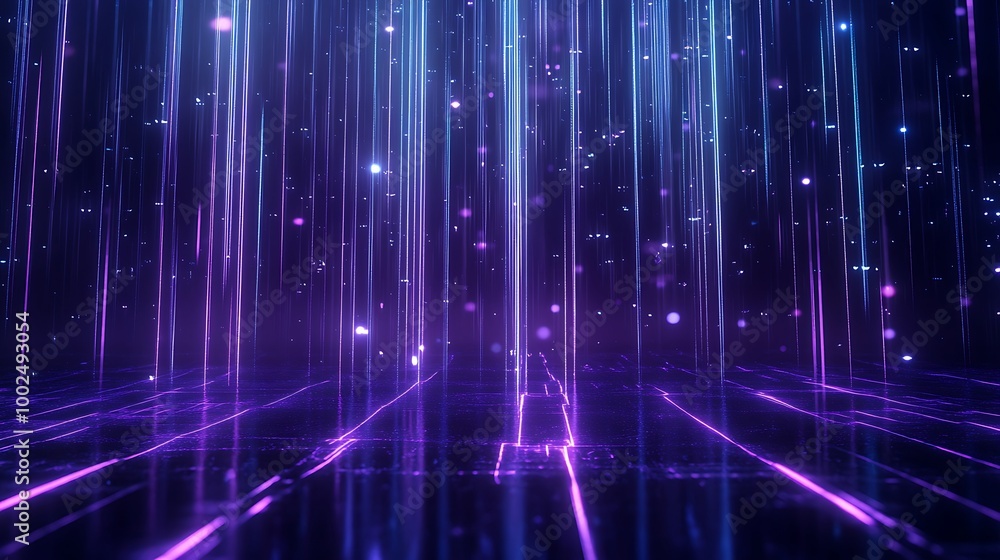 Poster futuristic digital backdrop with glowing lines and particles on a dark background, perfect for tech-
