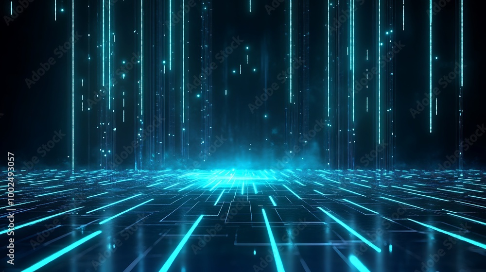 Poster futuristic digital backdrop with glowing lines and patterns creating a sense of depth and motion.