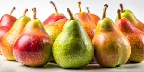 A detailed view of fresh, ripe pears against a bright white backdrop highlights their smooth texture and vibrant