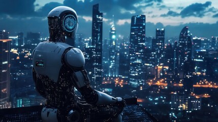 A Futuristic Android Gazing Over a Cityscape at Night