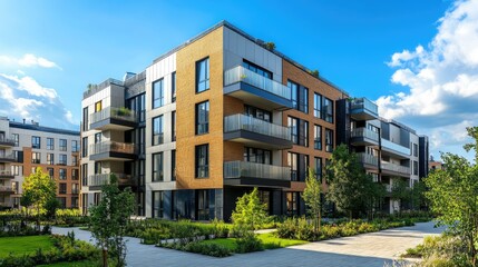 A new residential complex showcasing a modern block of flats with a combination of brick and metal facades, surrounded by well-kept greenery.