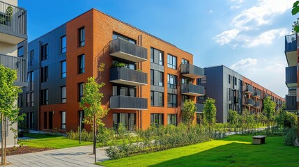Obraz premium A new residential complex showcasing a modern block of flats with a combination of brick and metal facades, surrounded by well-kept greenery.