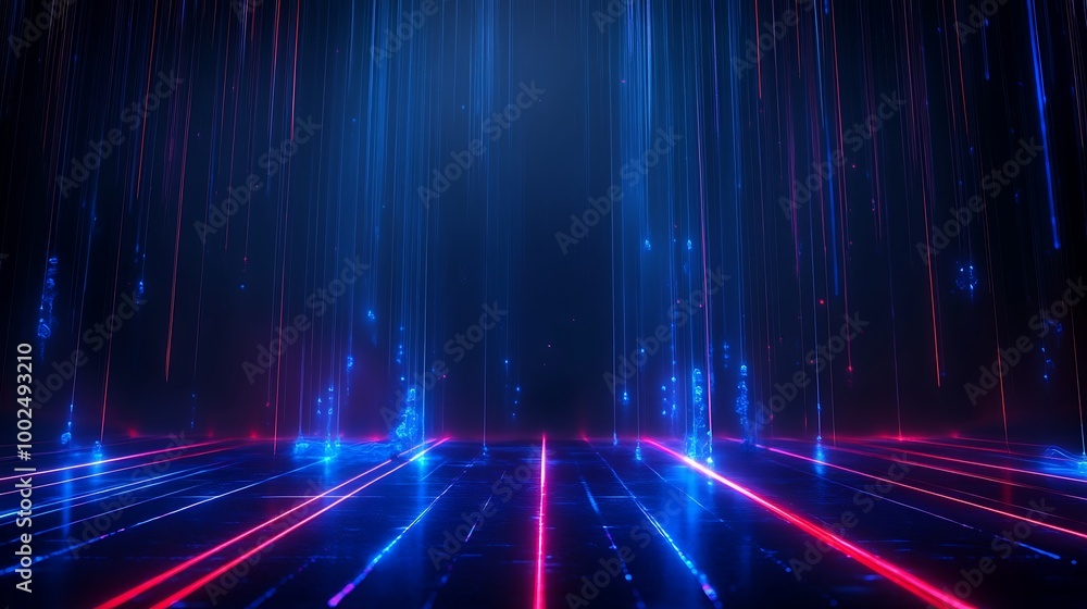 Poster futuristic digital backdrop with vibrant blue and pink light beams creating a mesmerizing pattern.
