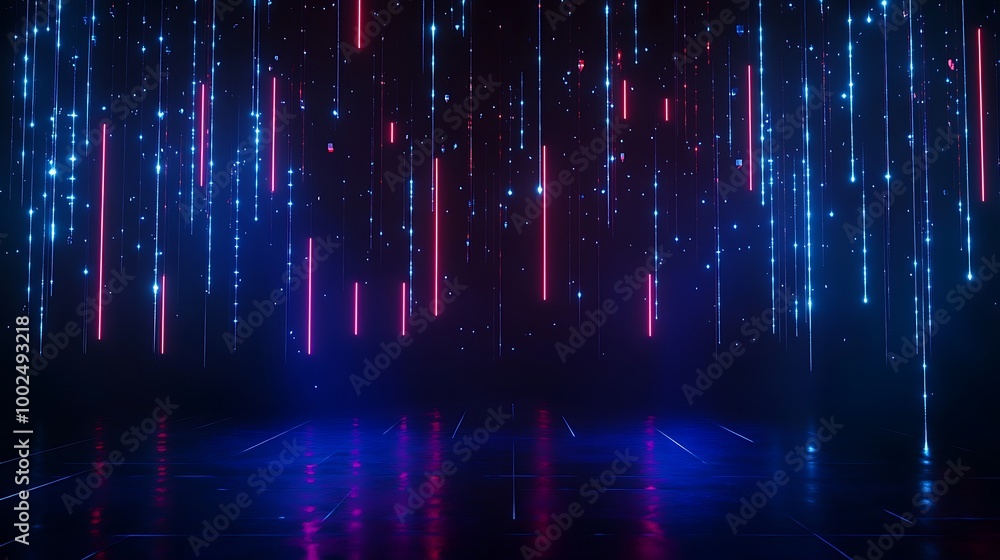 Poster futuristic digital backdrop with vibrant blue and pink light streams on a reflective floor, creating