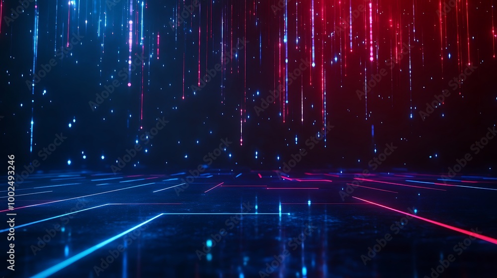 Poster futuristic digital backdrop with vibrant blue and red lights creating a dynamic, tech-inspired envir