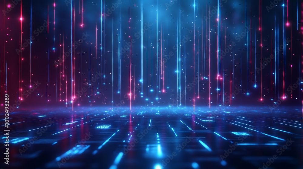 Poster futuristic digital backdrop with vivid blue and red lights creating an immersive virtual environment