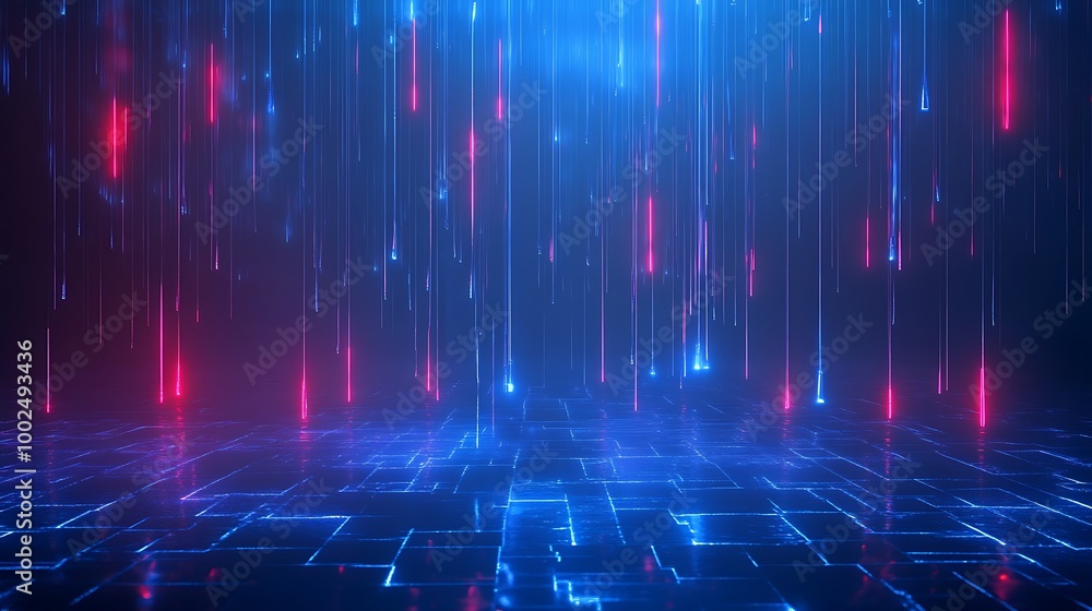 Poster futuristic digital background with blue and red light particles cascading in a grid pattern.