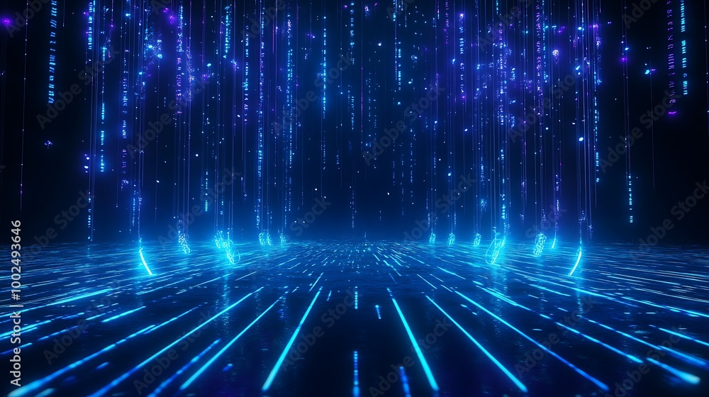 Poster futuristic digital background with blue lines and glowing particles creating a mesmerizing grid effe