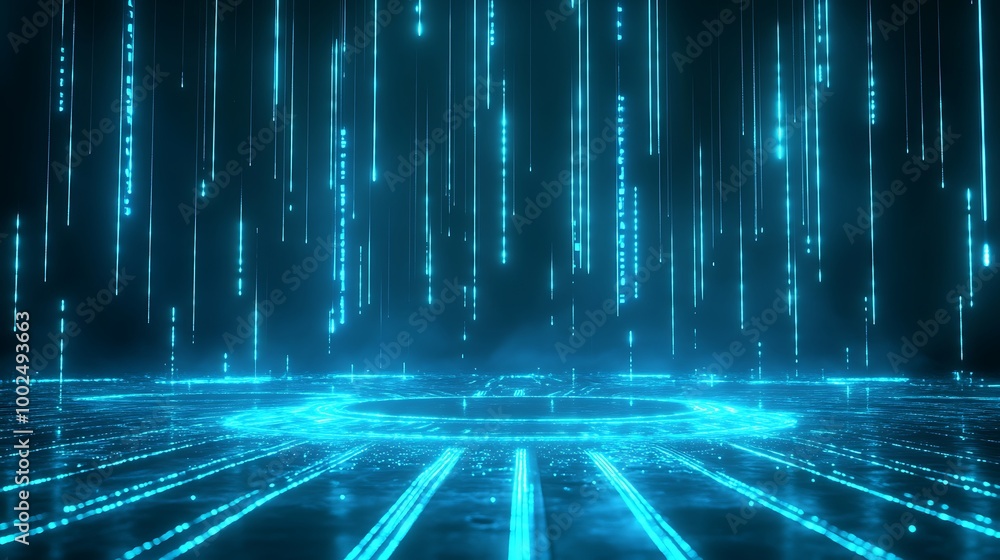 Poster futuristic digital background with blue neon lines and patterns, creating a high-tech atmosphere.