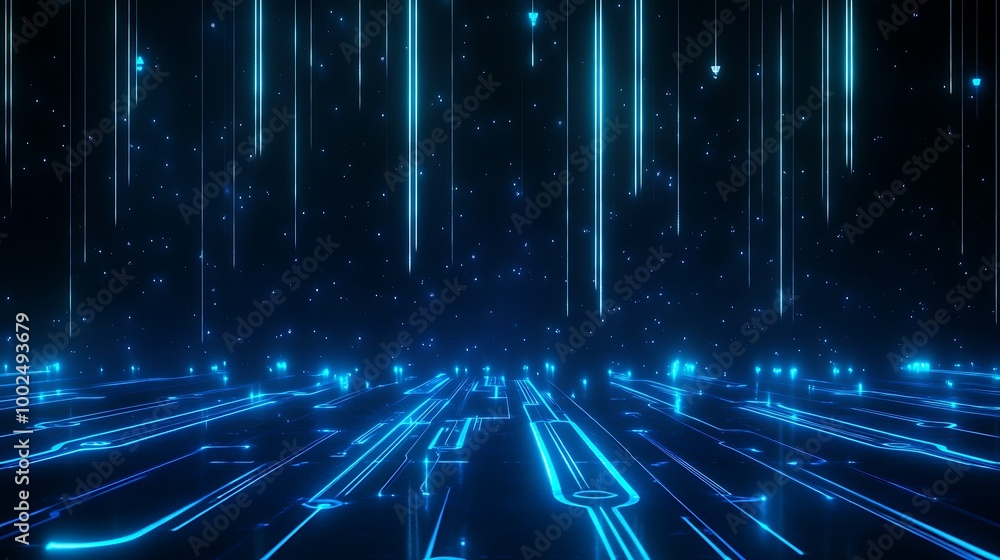 Poster futuristic digital background with blue neon lines and particles creating an immersive technological