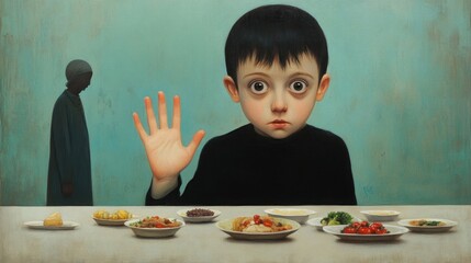 Child Reaching for Food at a Table Filled with Healthy Dishes, Surrounded by Abstract Shapes Representing Hunger
