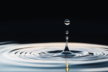 A drop of water is falling into a body of water, creating a ripple effect. Concept of calmness and tranquility, as the water droplet gently touches the surface of the water