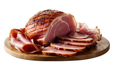 Sliced Smoked Ham on Wooden Board Isolated on Transparent Background