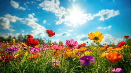 A rainbow of flowers in a summer field, showcasing vibrant colors like red, orange, pink, and yellow, with a bright sky and sunlit clouds.